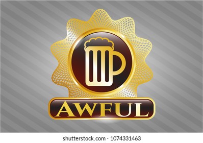   Golden emblem or badge with beer jar icon and Awful text inside