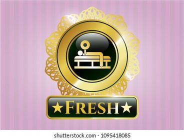  Golden emblem or badge with bench press icon and Fresh text inside