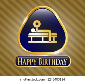  Golden emblem or badge with bench press icon and Happy Birthday text inside