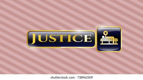  Golden emblem or badge with bench press icon and Justice text inside