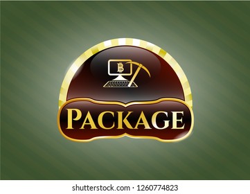  Golden emblem or badge with bitcoin mining icon and Package text inside