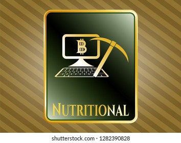  Golden emblem or badge with bitcoin mining icon and Nutritional text inside