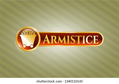  Golden emblem or badge with Bitcoin mining trolley icon and Armistice text inside