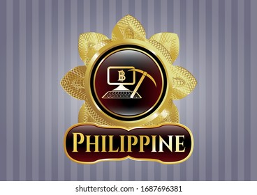  Emblema dorado o placa con icono de minería de bitcoin y texto filipino dentro