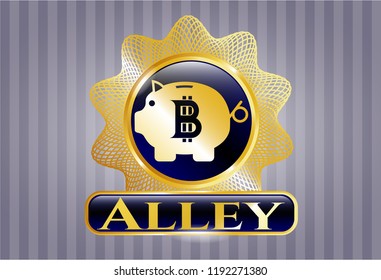  Golden emblem or badge with bitcoin piggy bank icon and Alley text inside