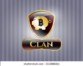  Golden emblem or badge with bitcoin piggy bank icon and Clan text inside