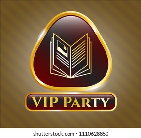  Golden emblem or badge with book icon and VIP Party text inside