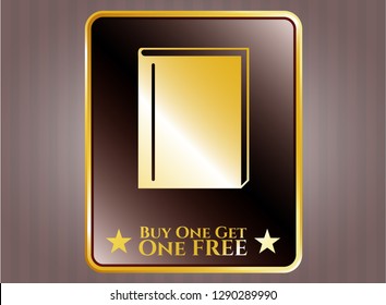  Golden emblem or badge with book icon and Buy one get One Free text inside