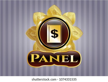   Golden emblem or badge with book with money symbol inside icon and Panel text inside