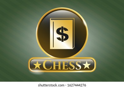  Golden emblem or badge with book with money symbol inside icon and Chess text inside