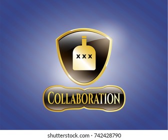  Golden emblem or badge with bottle of alcohol icon and Collaboration text inside