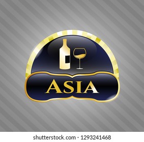  Golden emblem or badge with bottle and glass of wine icon and Asia text inside