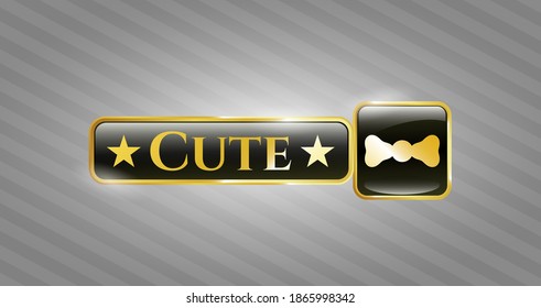 Golden emblem or badge with bow tie icon and Cute text inside