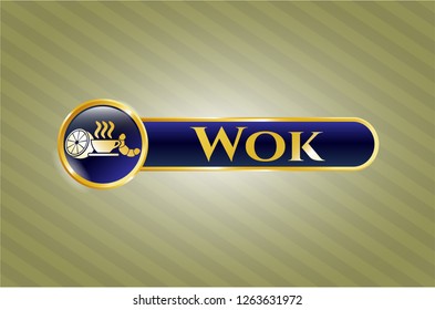  Golden emblem or badge with breakfast  icon and Wok text inside