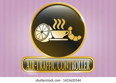  Golden emblem or badge with breakfast  icon and Air-Traffic Controller text inside