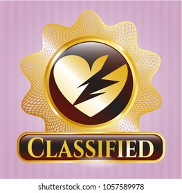  Golden emblem or badge with broken heart icon and Classified text inside
