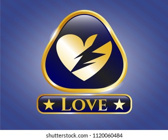  Golden emblem or badge with broken heart icon and Love text inside