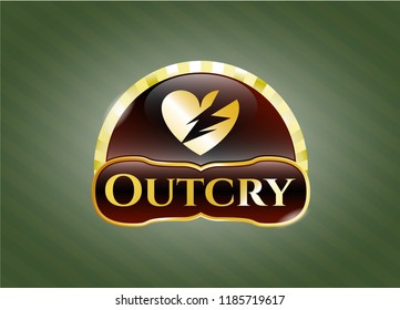  Golden emblem or badge with broken heart icon and Outcry text inside