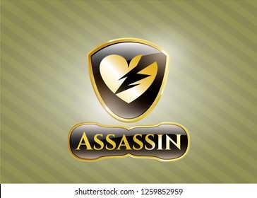  Golden emblem or badge with broken heart icon and Assassin text inside