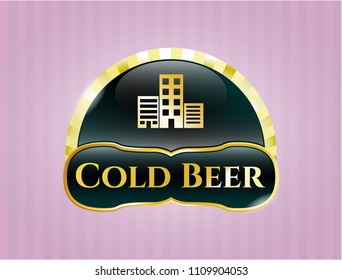  Golden emblem or badge with buildings icon and Cold Beer text inside