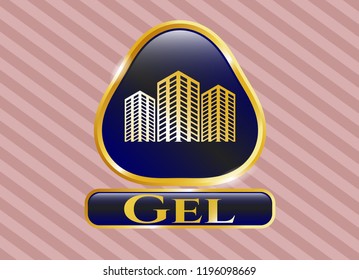  Golden emblem or badge with buildings icon and Gel text inside