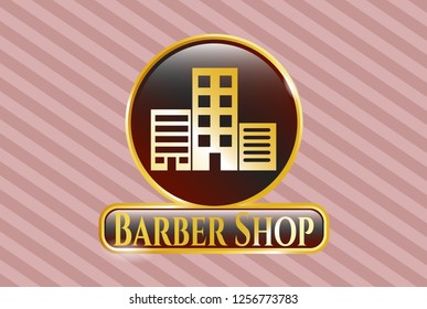  Golden emblem or badge with buildings icon and Barber Shop text inside