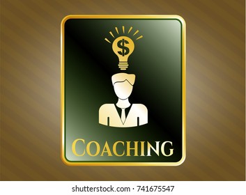  Golden emblem or badge with business idea icon and Coaching text inside
