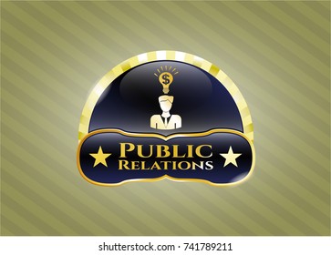  Golden emblem or badge with business idea icon and Public Relations text inside