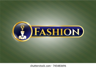  Golden emblem or badge with business idea icon and Fashion text inside