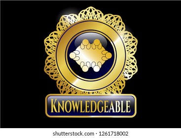 Golden emblem or badge with business meeting teamwork icon and Knowledgeable text inside