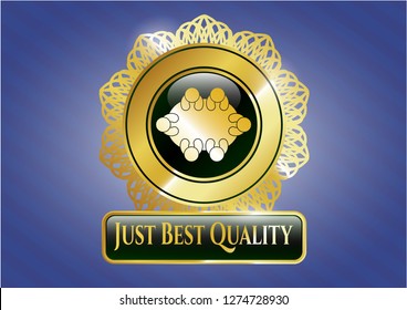  Golden emblem or badge with business meeting teamwork icon and Just Best Quality text inside