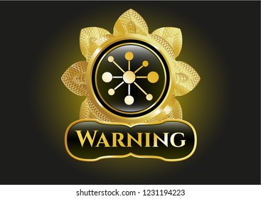  Golden emblem or badge with business network icon and Warning text inside