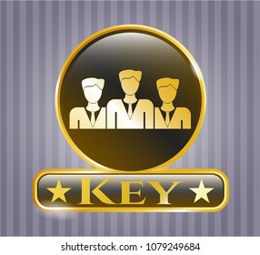   Golden emblem or badge with business teamwork icon and Key text inside