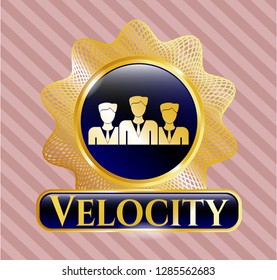  Golden emblem or badge with business teamwork icon and Velocity text inside