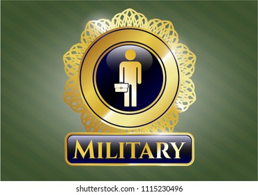 Golden emblem or badge with businessman holding briefcase icon and Military text inside Golden emblem or badge with businessman holding briefcase icon and Military text inside
