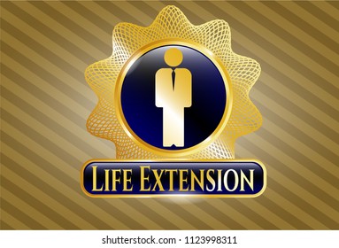  Golden emblem or badge with businessman icon and Life Extension text inside