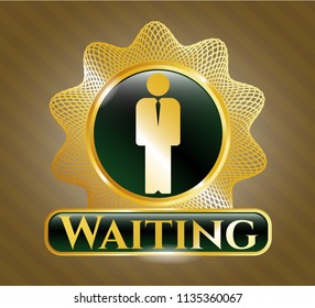  Golden emblem or badge with businessman icon and Waiting text inside