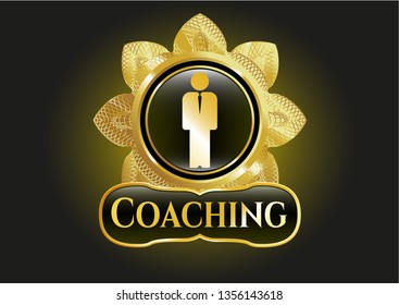  Golden emblem or badge with businessman icon and Coaching text inside