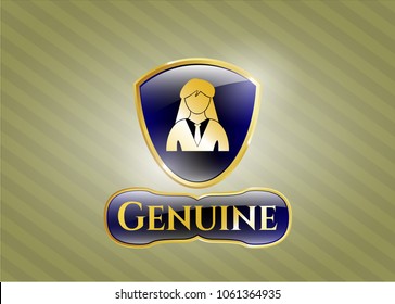  Golden emblem or badge with businesswoman icon and Genuine text inside