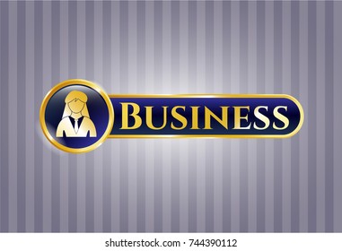  Golden emblem or badge with businesswoman icon and Business text inside