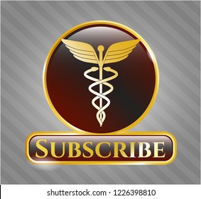  Golden emblem or badge with Caduceus medical icon and Subscribe text inside
