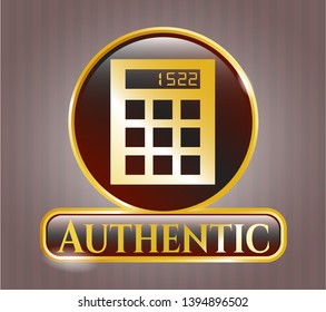  Golden emblem or badge with calculator icon and Authentic text inside