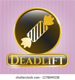  Golden emblem or badge with candy icon and Deadlift text inside