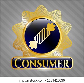  Golden emblem or badge with candy icon and Consumer text inside