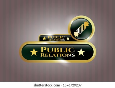  Golden emblem or badge with candy icon and Public Relations text inside