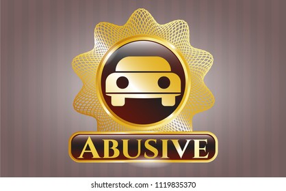  Golden emblem or badge with car seen from front icon and Abusive text inside