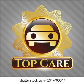  Golden emblem or badge with car seen from front icon and Top Care text inside