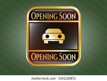  Golden emblem or badge with car seen from front icon and Opening Soon text inside