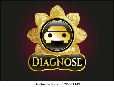  Golden emblem or badge with car seen from front icon and Diagnose text inside