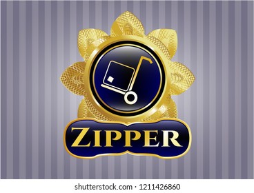  Golden emblem or badge with cargo icon and Zipper text inside